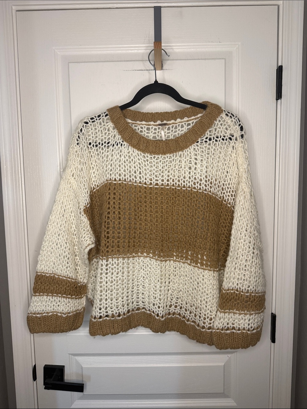 Free People Alpaca Blend Open-Weave Crewneck Sweater in Cream and Tan